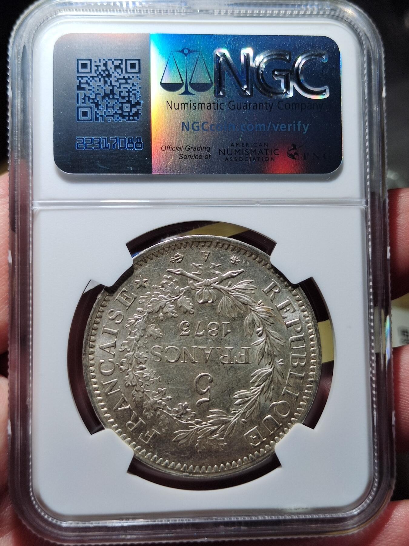 中外钱币第六场 NGC-MS63法国大力神1873年5法郎