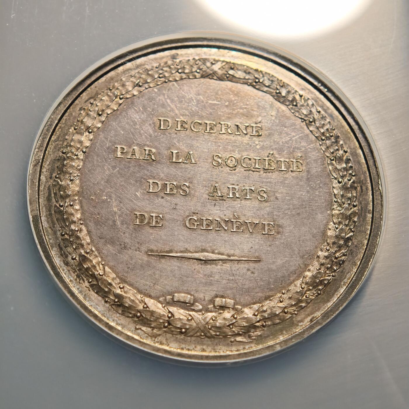 【德藏】世界币章拍卖第156期（拍品征集中~欢迎藏友联系） 18**年 瑞士日内瓦艺术协会奖章48mm纪念大银章 NGC MS61 原味深彩包浆 状态极佳