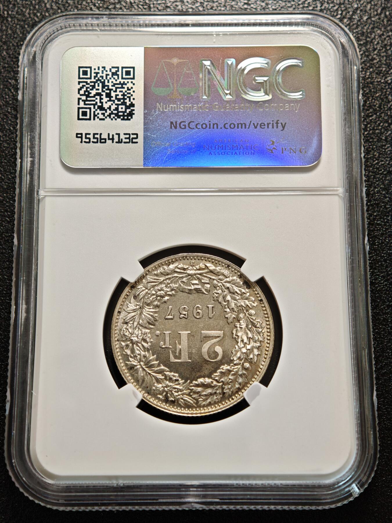 【德藏】世界币章拍卖第156期（拍品征集中~欢迎藏友联系） 1957年 瑞士2法郎银币 NGC MS66 季军分 原光极强 转光十足