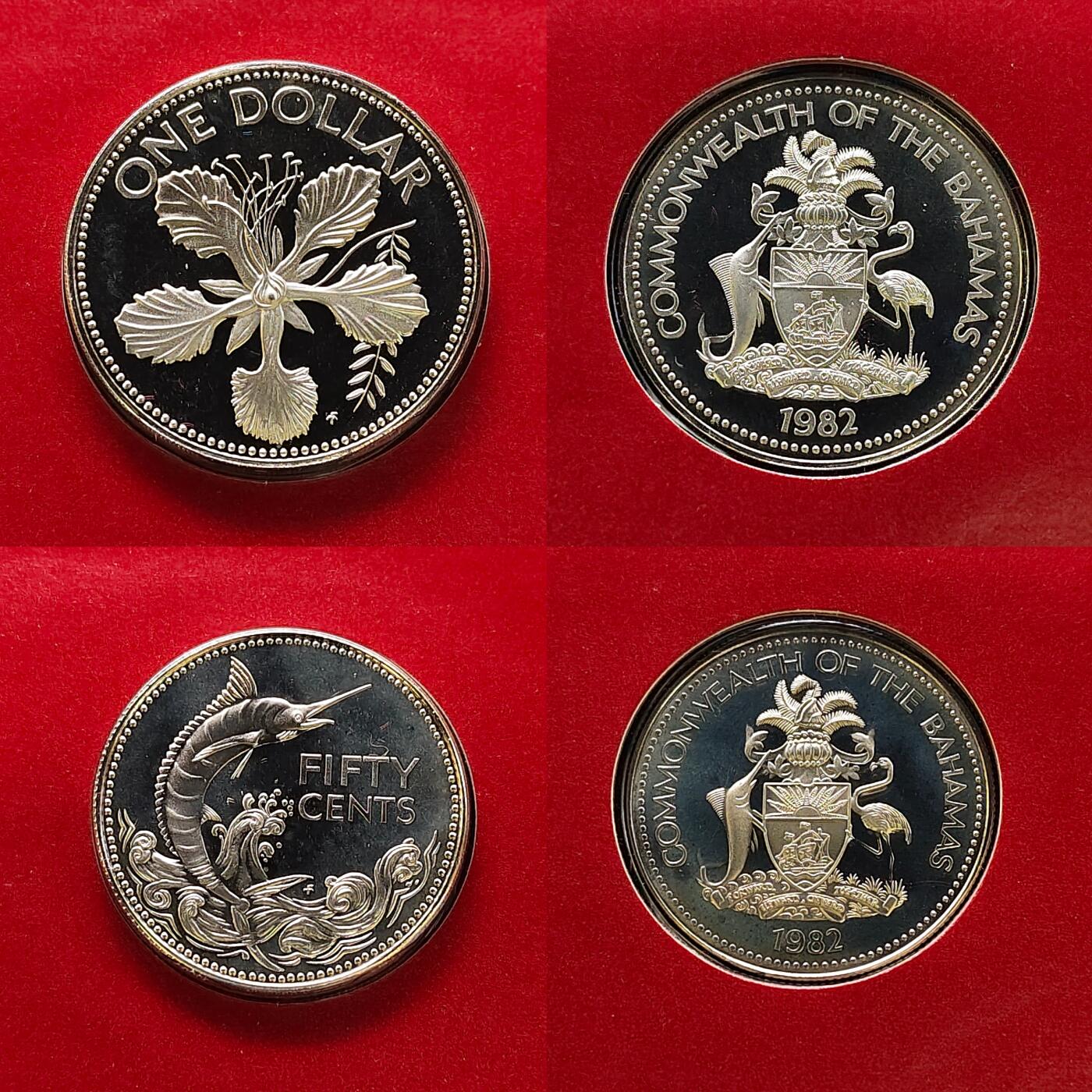 【全场包邮】纯粹捡漏拍483场（免费代拍第20场） 【稀少】巴哈马1982年官方精制套币-含独年仅随套币发行1元凤凰木/2元巴哈马树燕/5元圣玛丽号及十字架（银）-盒证全-量1217