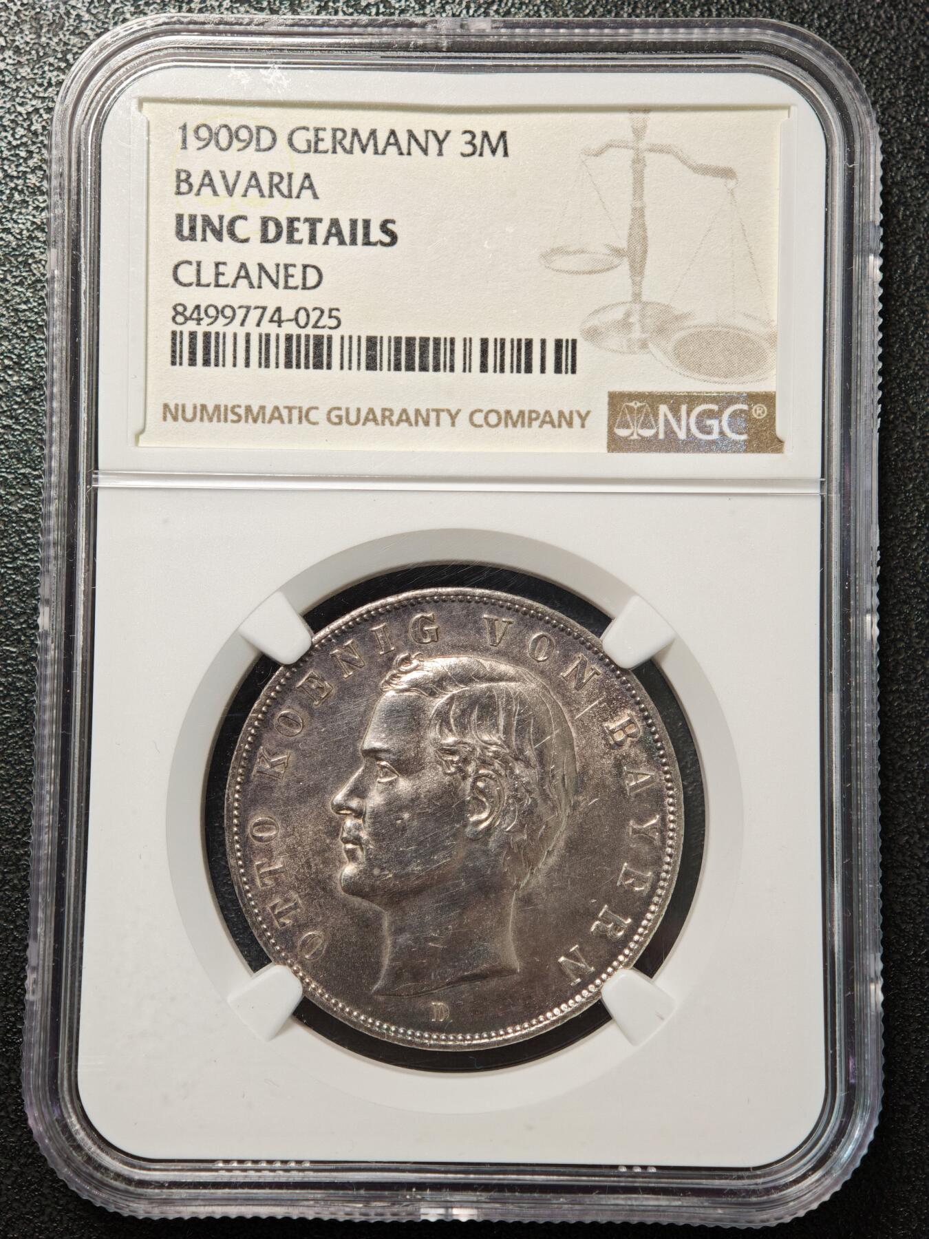 【德藏】世界币章拍卖第156期（拍品征集中~欢迎藏友联系） 1909年 德国巴伐利亚奥托3马克银币 NGC UNC 状态安逸