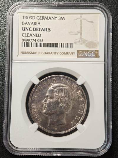 【德藏】世界币章拍卖第156期（拍品征集中~欢迎藏友联系） - 1909年 德国巴伐利亚奥托3马克银币 NGC UNC 状态安逸