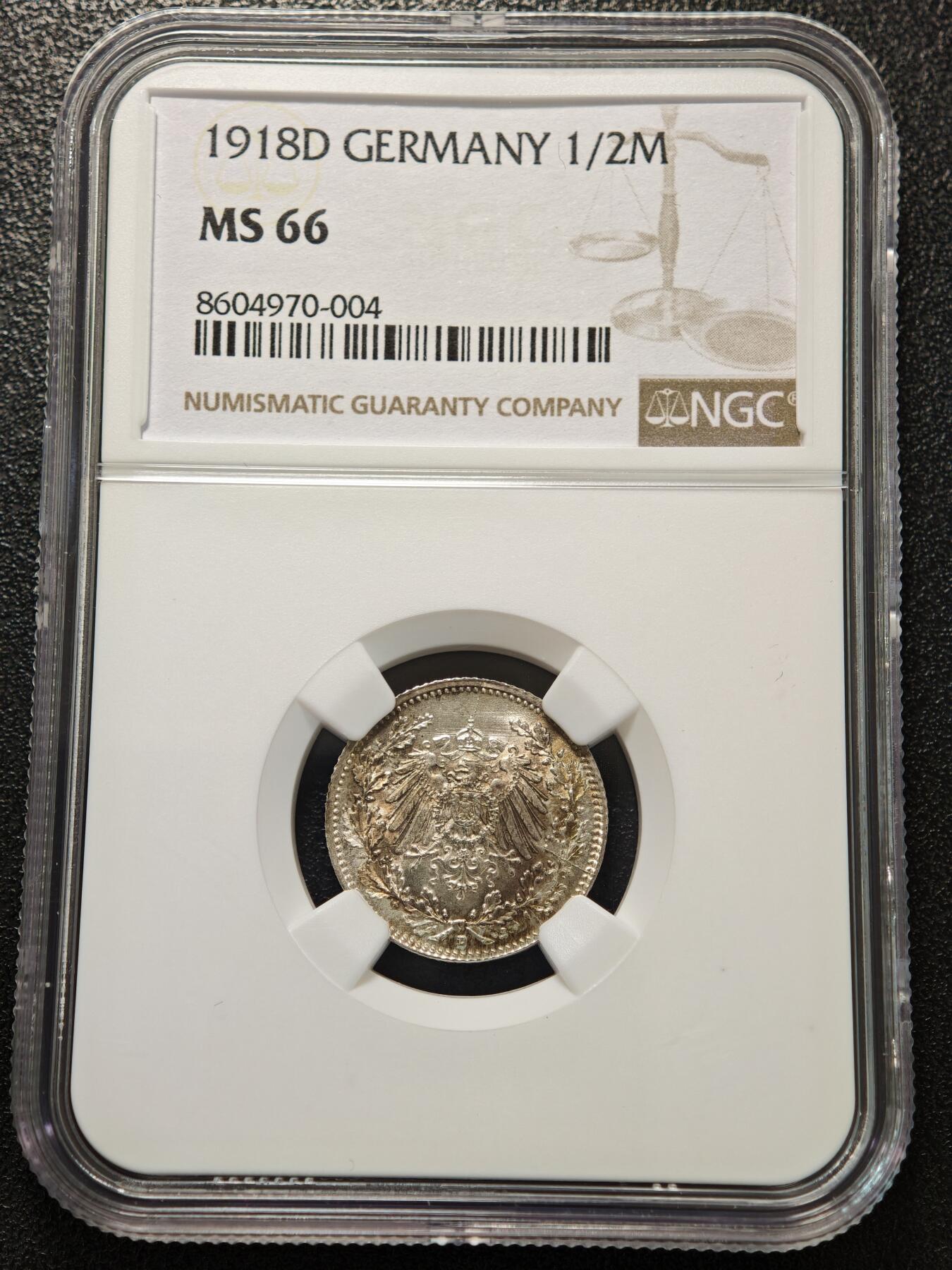 【德藏】世界币章拍卖第156期（拍品征集中~欢迎藏友联系） 1918年 德国1/2马克银币 NGC MS66 淡包浆 转光十足 原光极强