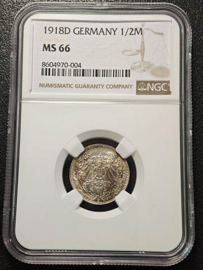 【德藏】世界币章拍卖第156期（拍品征集中~欢迎藏友联系） - 1918年 德国1/2马克银币 NGC MS66 淡包浆 转光十足 原光极强