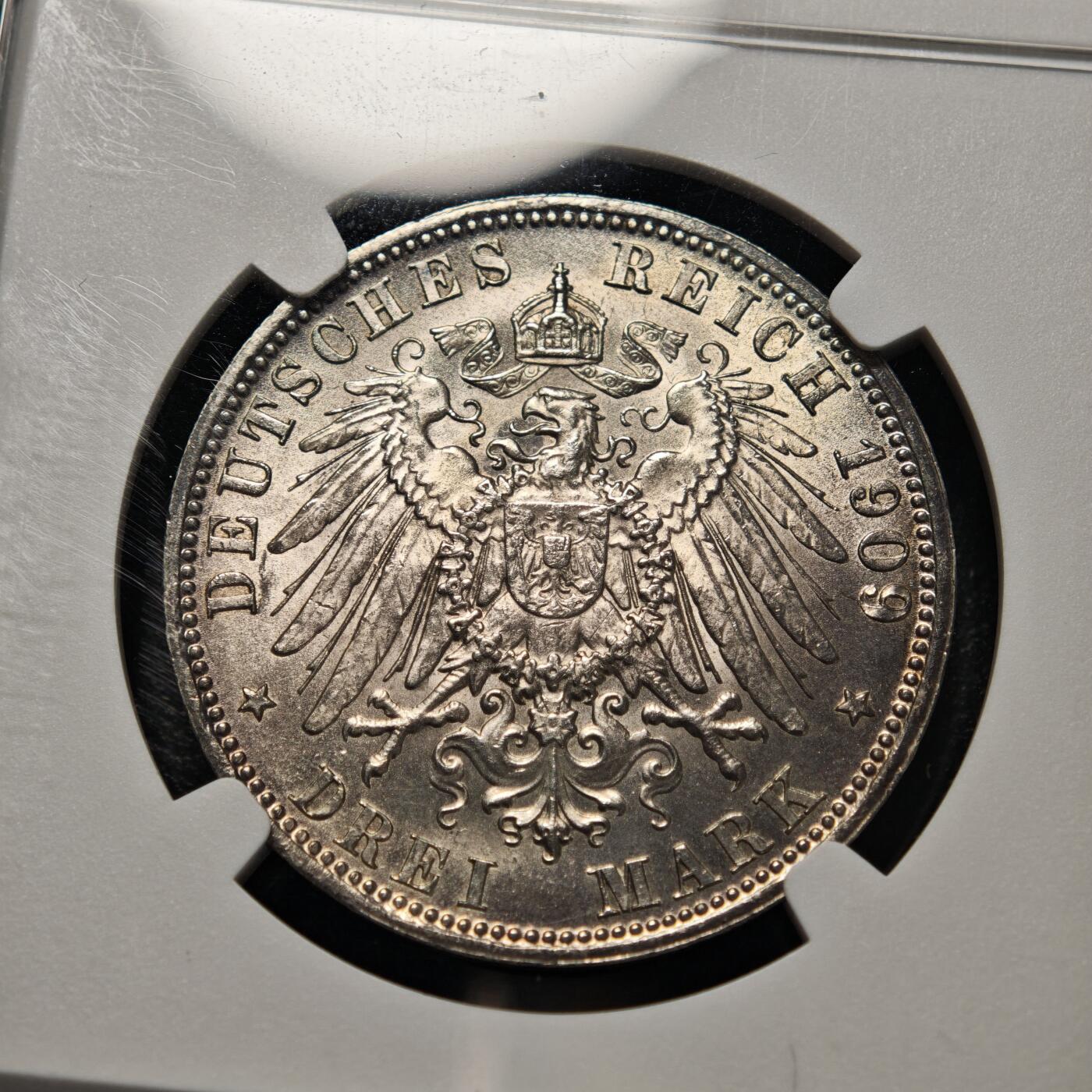 【德藏】世界币章拍卖第156期（拍品征集中~欢迎藏友联系） 1909年 德国巴伐利亚奥托3马克银币 NGC UNC 状态安逸