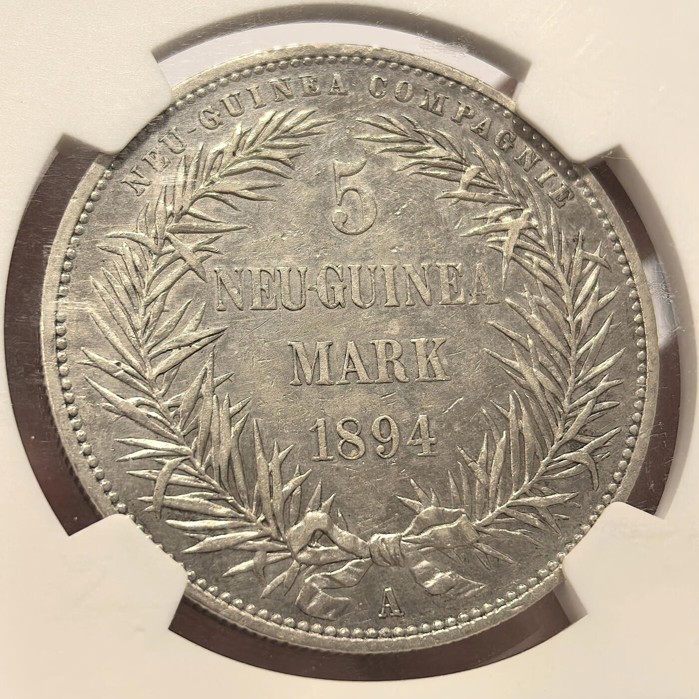 博洋堂世界钱币拍卖第150期（全场包邮） NGC AUD 德属新几内亚1894年天堂鸟5马克银币，德系名誉品，老盒紫标，换盒未必没分，值得入手