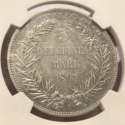 博洋堂世界钱币拍卖第150期（全场包邮） NGC AUD 德属新几内亚1894年天堂鸟5马克银币，德系名誉品，老盒紫标，换盒未必没分，值得入手