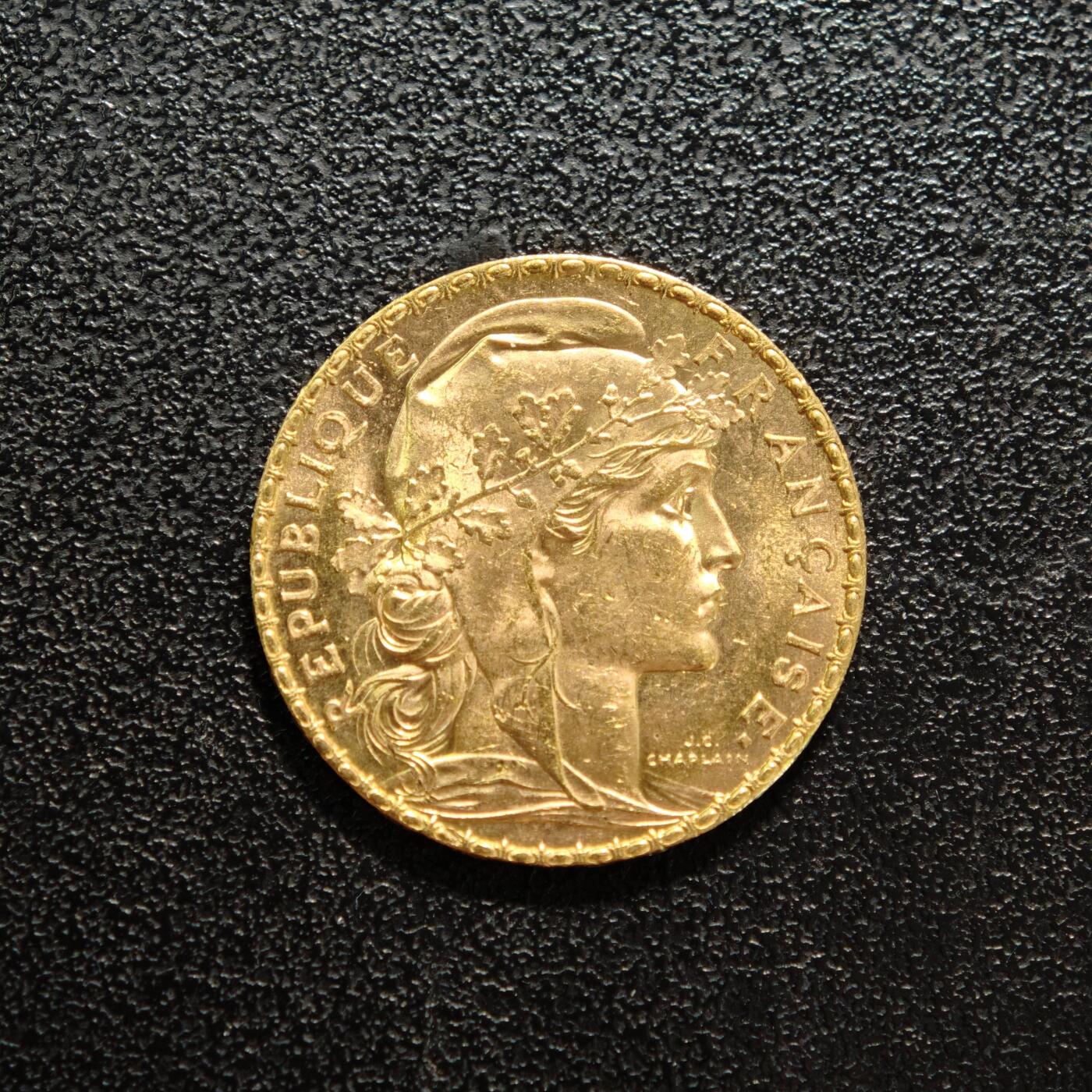 【德藏】世界币章拍卖第156期（拍品征集中~欢迎藏友联系） 1906年 法国第三共和国20法郎金币 900金 原光十足 直径约：21.1mm；重约：6.4g