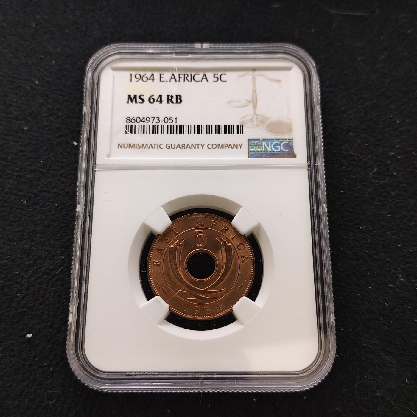 【全场包邮】纯粹捡漏拍483场（免费代拍第20场） 【收藏级·亚军分】东非1964年5分大铜币（东非各国独立前夕英属制式末版）-NGC MS64 RB