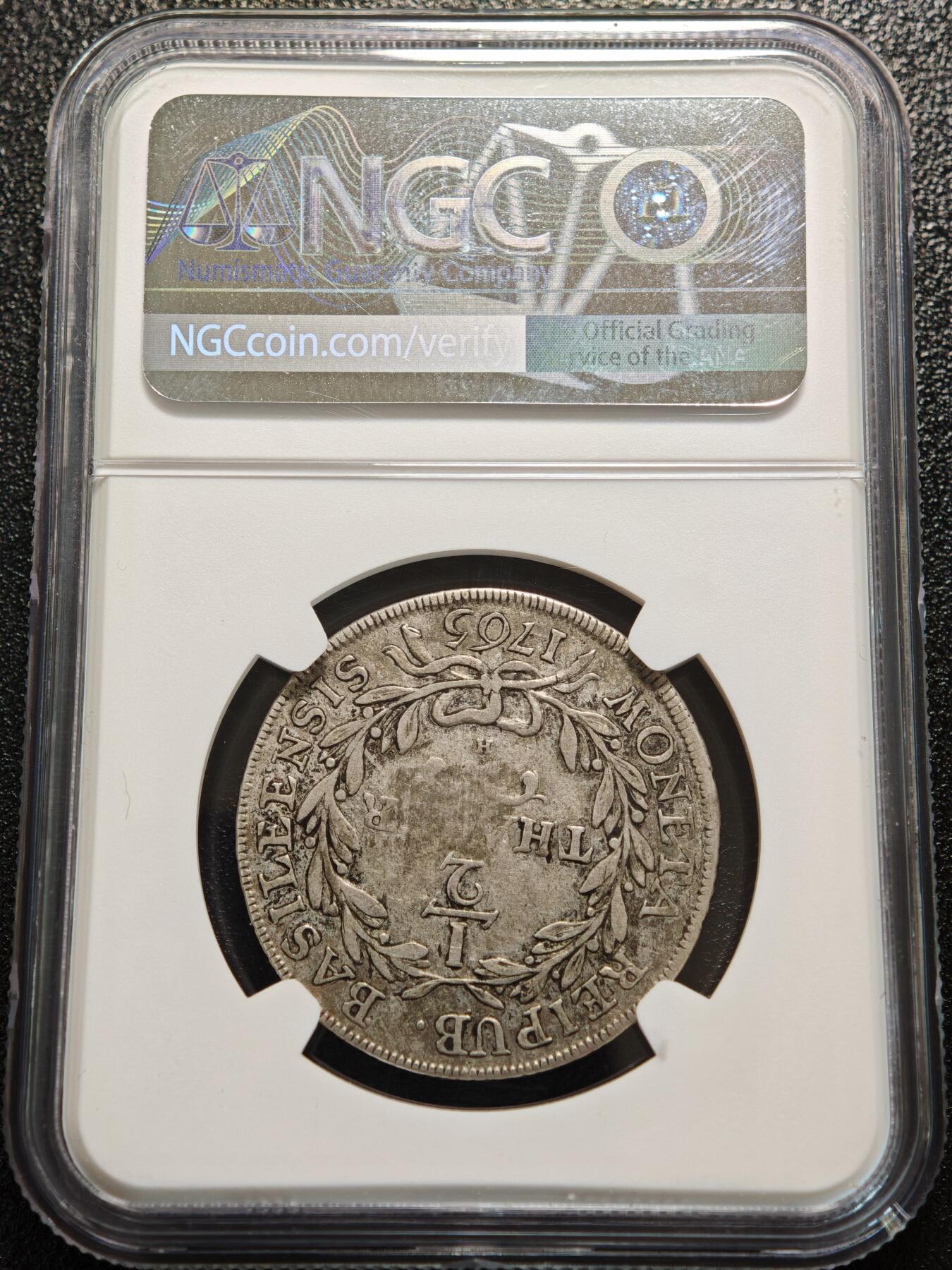 【德藏】世界币章拍卖第156期（拍品征集中~欢迎藏友联系） 冠军分！1765年 瑞士巴塞尔1/2老泰勒银币 NGC VF35 老泰勒出分不易 原味好状态