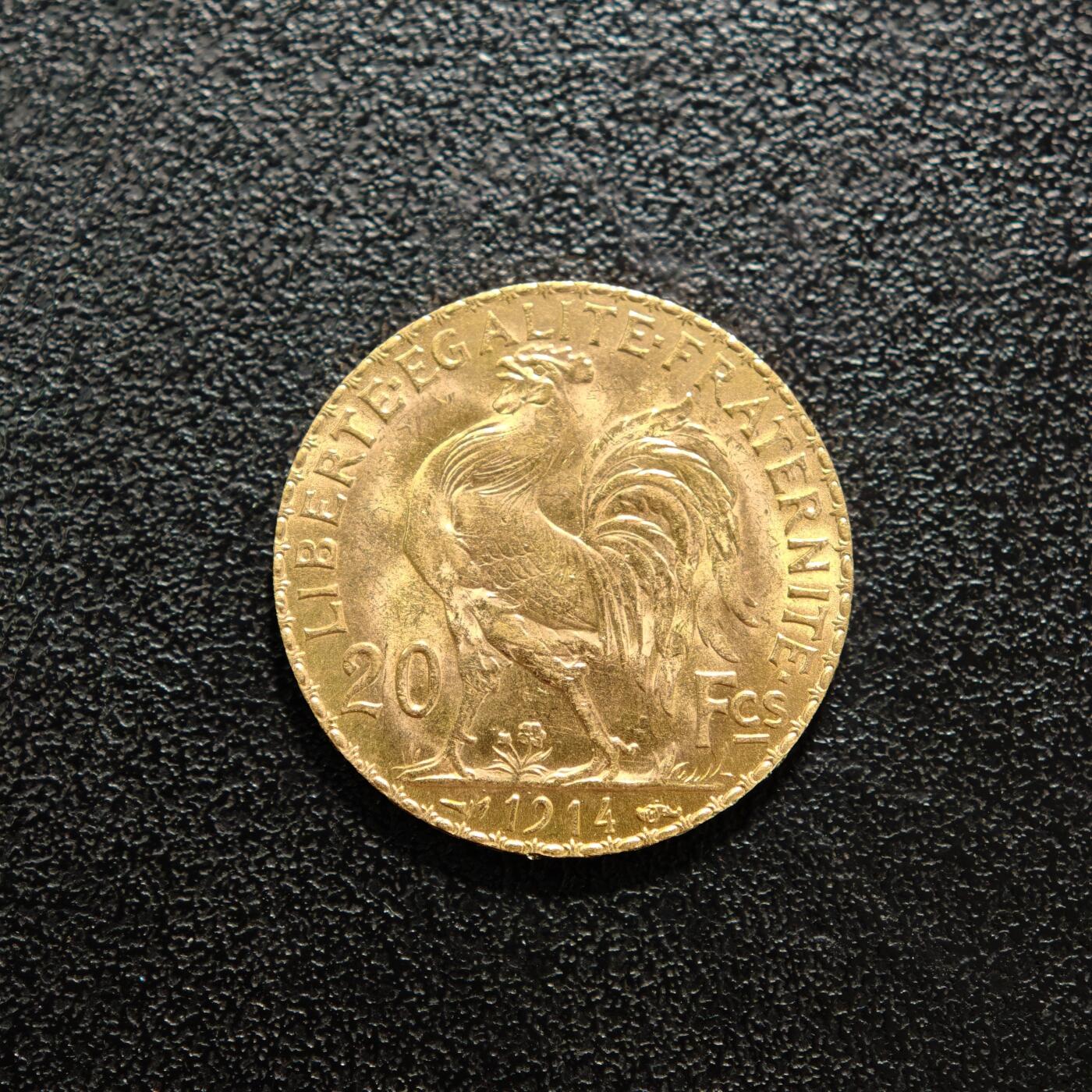 【德藏】世界币章拍卖第156期（拍品征集中~欢迎藏友联系） 1914年 法国第三共和国20法郎金币(最后一年) 900金 原光十足 直径约：21mm；重约：6.4g