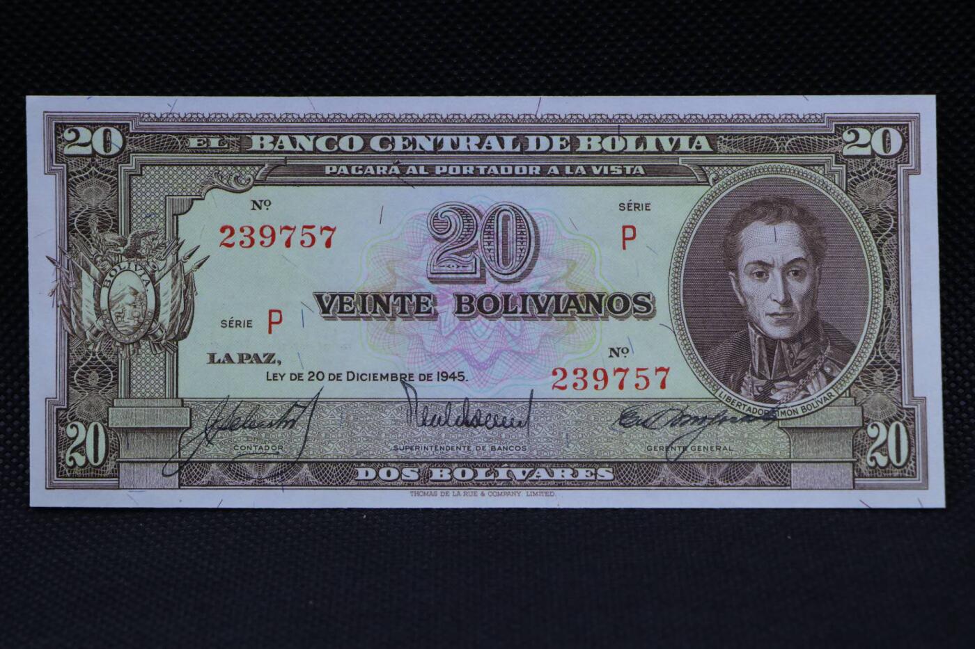 【淘币小摊】限时拍第八百二十一拍  纸币场  满百包邮可预留两周  周一统一发货   玻利维亚1945年20玻利瓦尔纸币