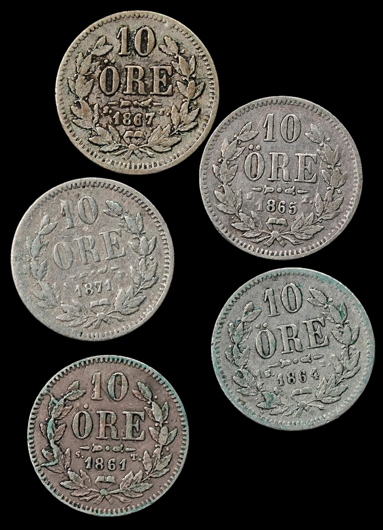 修遠堂世界钱币第九十六期 瑞典卡尔十五世时期10欧尔银币一组 4.16g