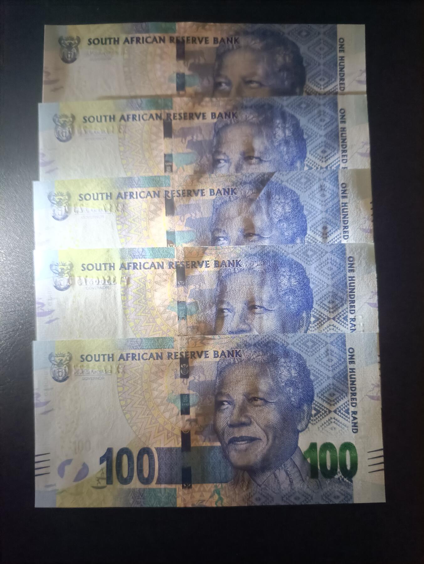 2025十二月第一期，总206期 南非2014版100兰特UNC批量五张，曼德拉和非洲野牛