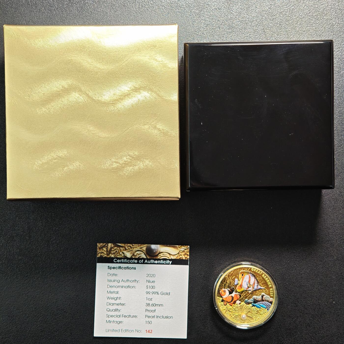 【德藏】世界币章拍卖第156期（拍品征集中~欢迎藏友联系）  2020年 纽埃大堡礁100元镶嵌彩色精制纪念银币(1盎司) 99.99%金 原盒 带证书 品相一流