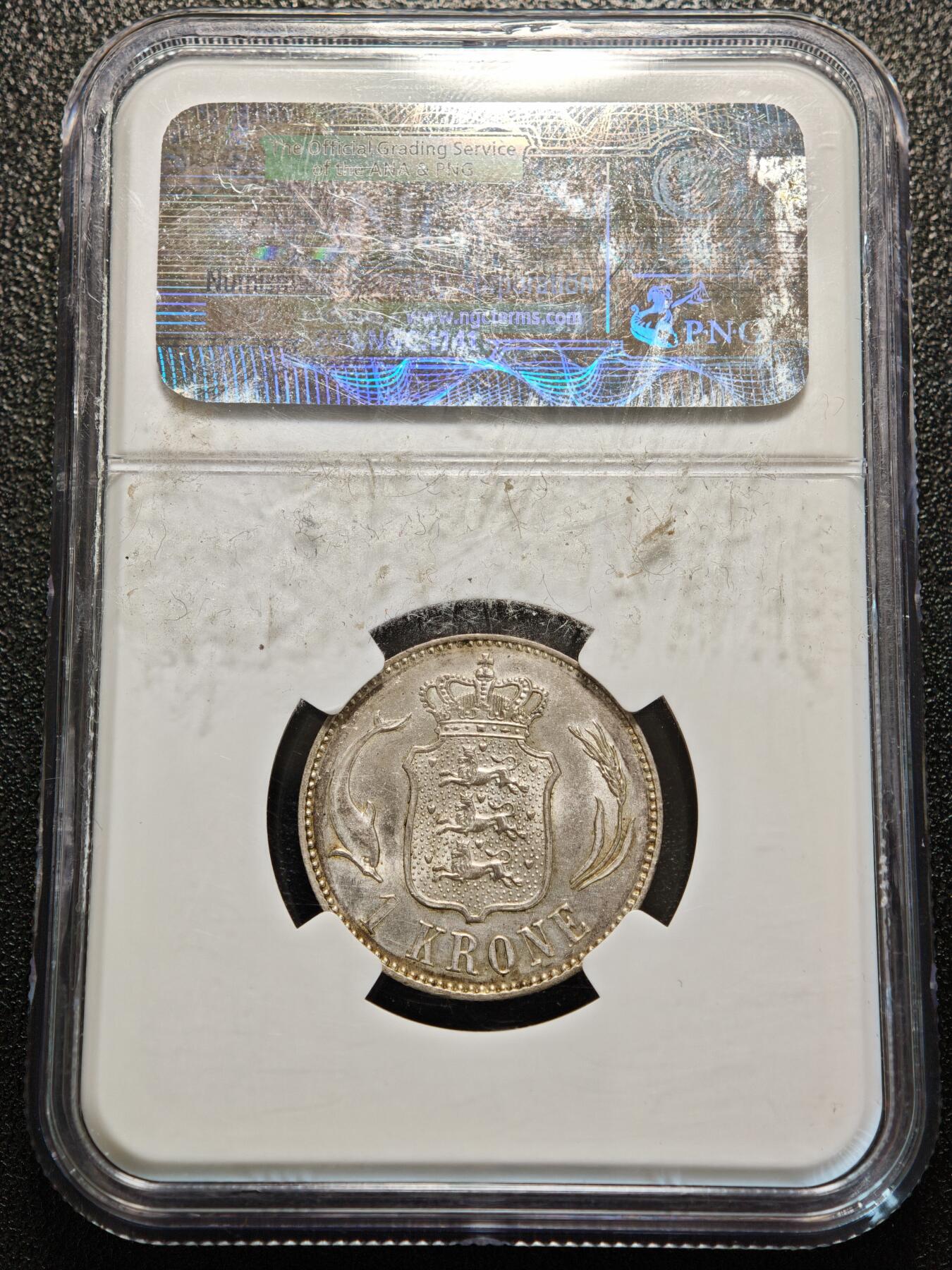 【德藏】世界币章拍卖第156期（拍品征集中~欢迎藏友联系） 1892年 丹麦克里斯蒂安九世1克朗银币 NGC MS63 淡黄油包浆 转光十足