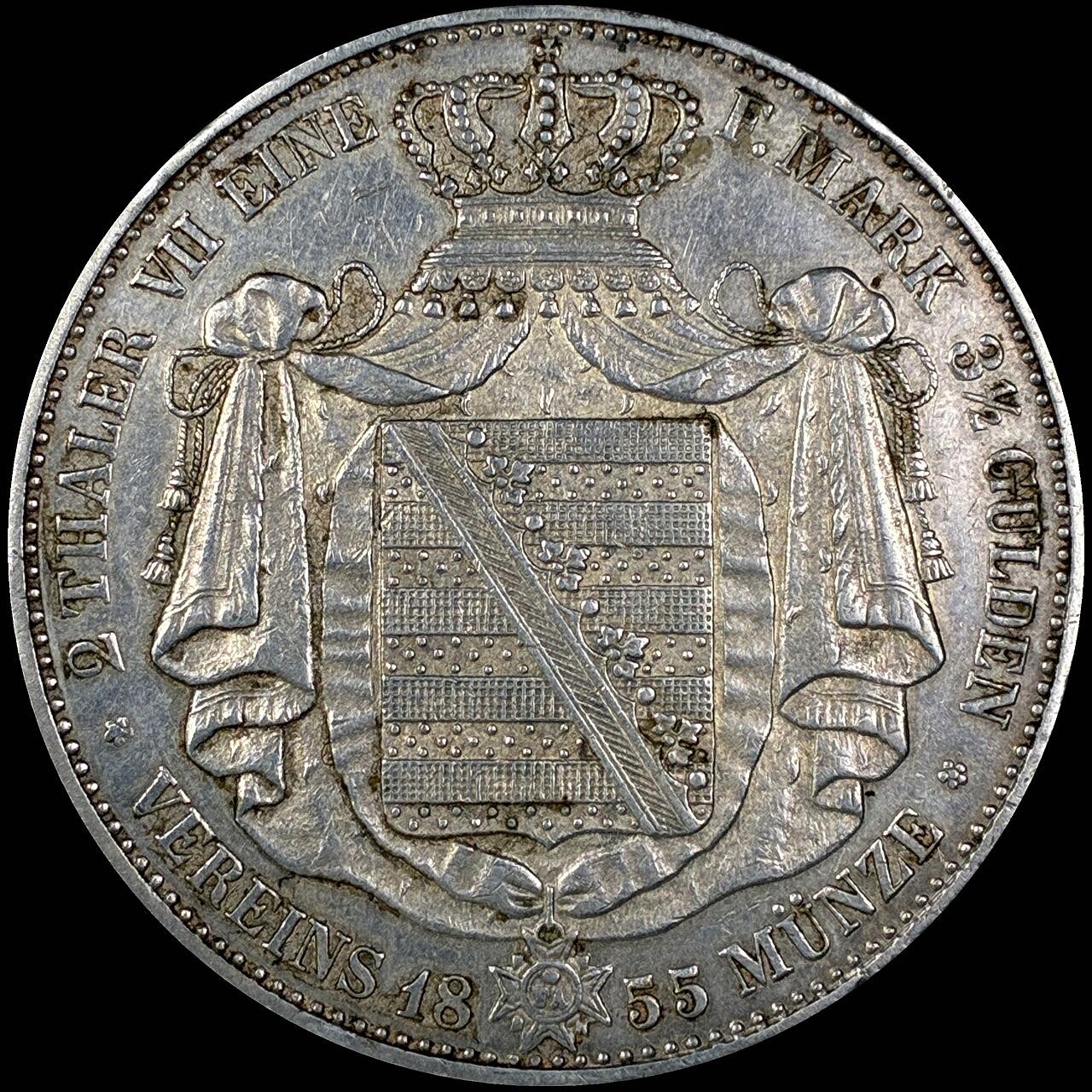 【雨安】【直播拍卖】【世界币章118期-裸币】2025-12-05 周五 19:30 保真 [裸币德国] Germany 德国 德意志 2泰勒 Saxony萨克森 Thun.337 KM#1190 约翰.大纹章 1855年