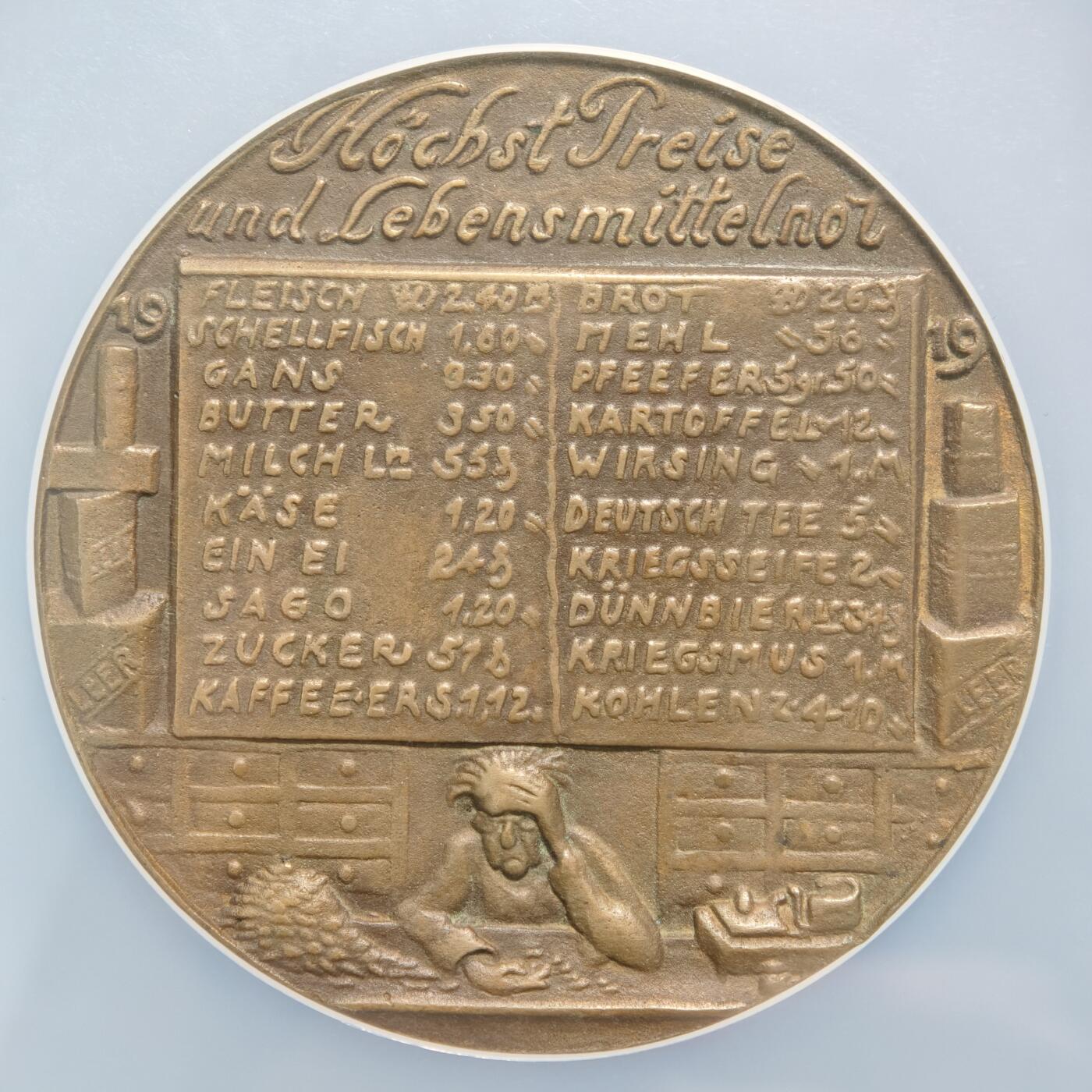 【德藏】世界币章拍卖第156期（拍品征集中~欢迎藏友联系） 冠军分！罕见品种！1919年 德国食物紧缺“每周口粮”58mm纪念大铜章 章牌大师卡尔歌茨作品 NGC MS63BN 立体感十足