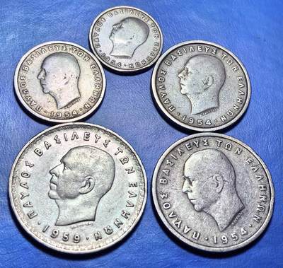 外国优质老铜币银币，周六九点倒数截拍，满百包邮，可寄存半年，喜欢朋友微信扫描二维码可直接参拍 - 希腊1954年-1959年不同面值5枚一套含10德拉克马大币