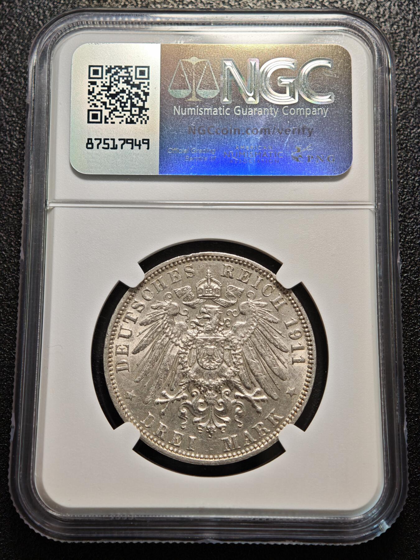 【德藏】世界币章拍卖第156期（拍品征集中~欢迎藏友联系） 1911年 德国汉堡3马克银币 NGC AU 状态安逸