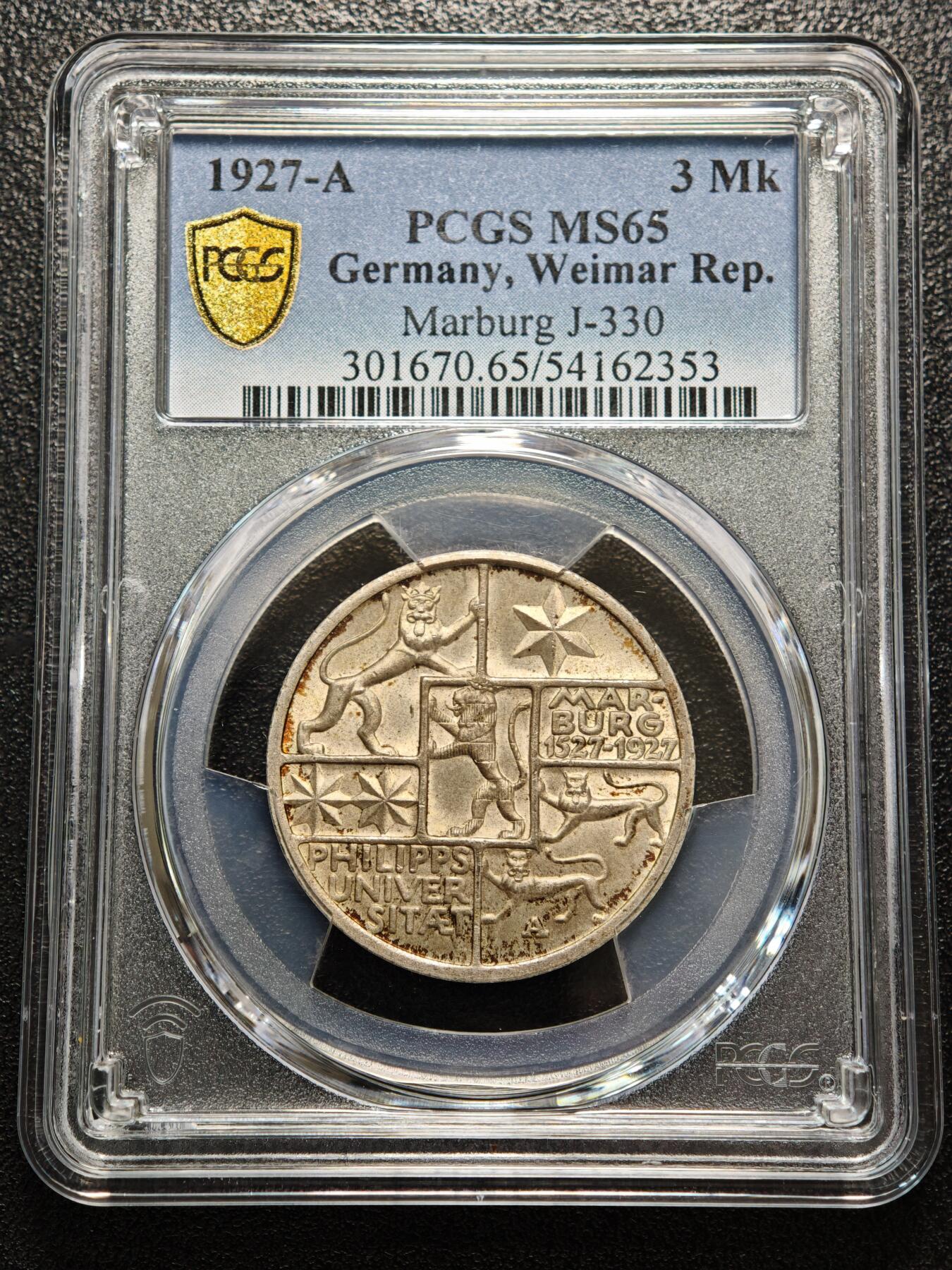 【德藏】世界币章拍卖第156期（拍品征集中~欢迎藏友联系） 1927年 德国魏玛马尔堡菲利普大学400周年3马克纪念银币 PCGS MS65 黄油包浆 状态极好