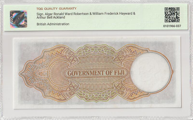 2025十二月第一期，总206期 英属斐济1949年5先令TQG45分无47，稀有的乔治六世统治时期中高面值品种，主题是斐济殖民政府徽章以及戎装乔治六世国王肖像