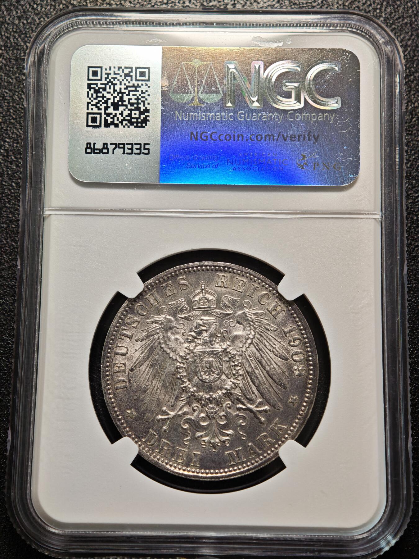 【德藏】世界币章拍卖第156期（拍品征集中~欢迎藏友联系） 1909年 德国巴伐利亚奥托3马克银币 NGC UNC 状态安逸