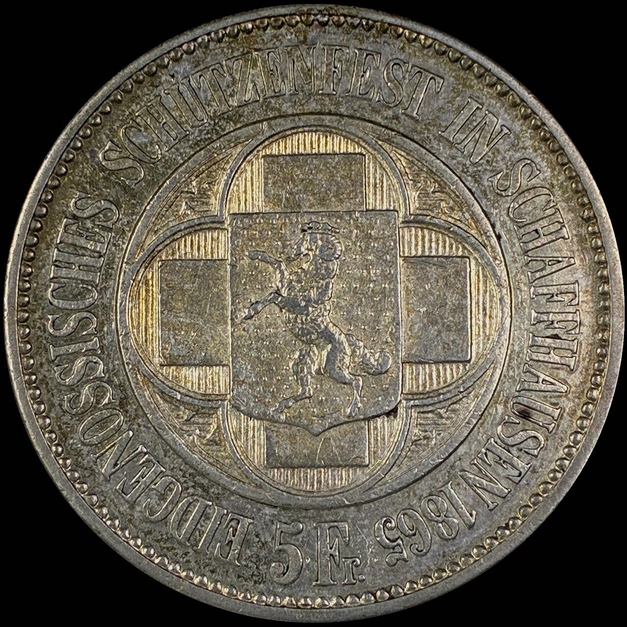 【雨安】【直播拍卖】【世界币章118期-裸币】2025-12-05 周五 19:30 保真 [裸币各国] Switzerland 瑞士 射击节 5法郎 1865年 X# S8 沙夫豪森