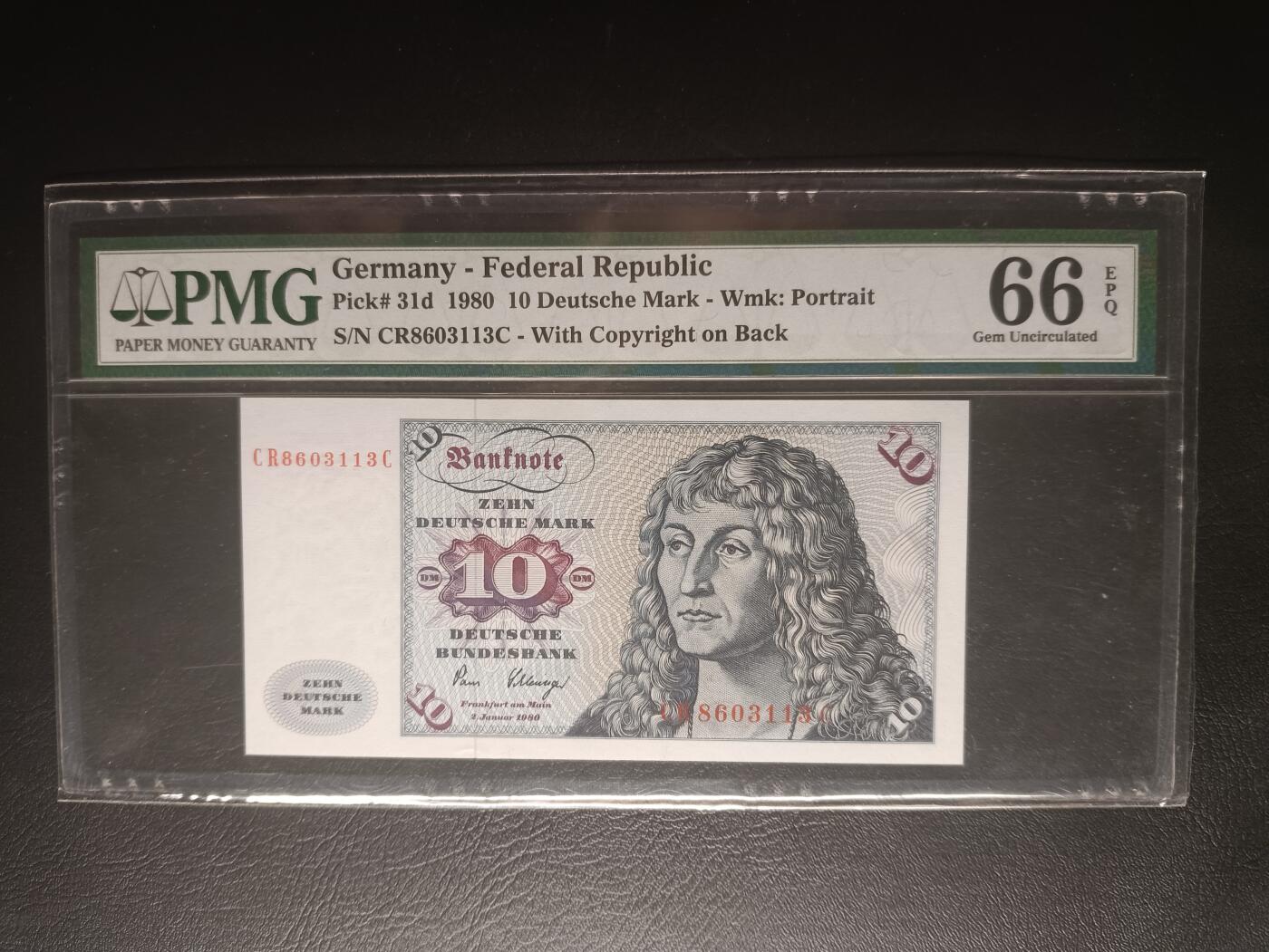 2025十二月第一期，总206期 【日】德国1980年10马克 无47 PMG66epq，丢勒的男青年画作