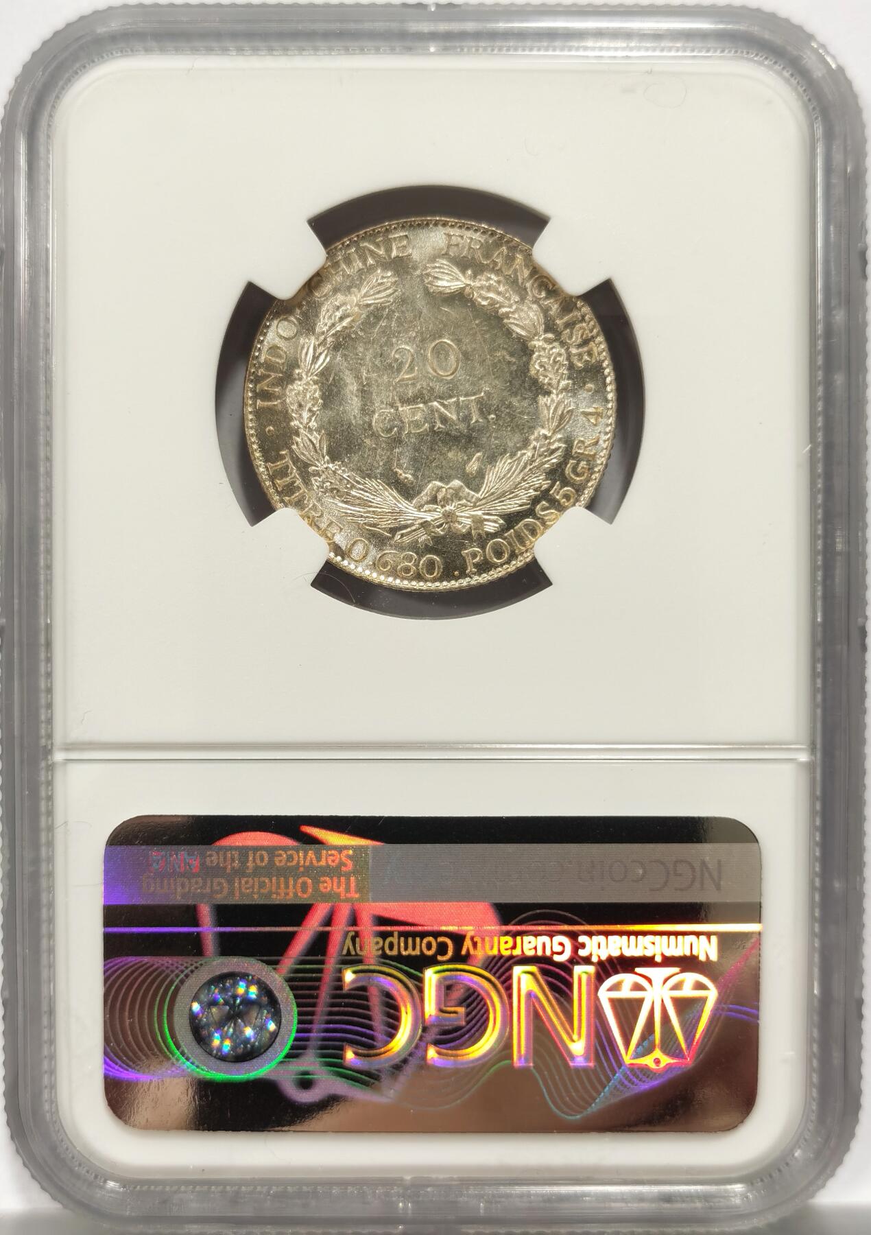 博洋堂世界钱币拍卖第150期（全场包邮） NGC MS64 法属印度支那1937年坐洋20分，正面带菜，背面镜面感，64高分难得