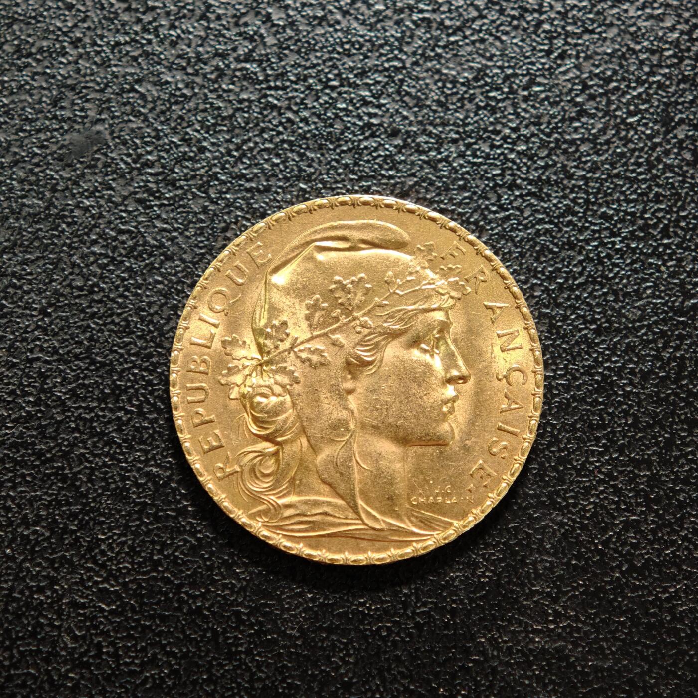 【德藏】世界币章拍卖第156期（拍品征集中~欢迎藏友联系） 1910年 法国第三共和国20法郎金币 900金 原光十足 直径约：21mm；重约：6.4g