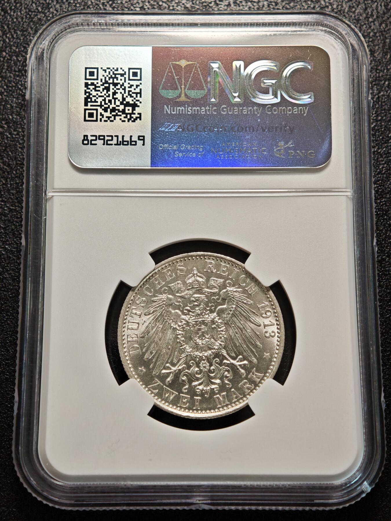 【德藏】世界币章拍卖第156期（拍品征集中~欢迎藏友联系） 1913年 德国普鲁士威廉二世军装2马克银币 NGC MS64 转光极强 原光犀利