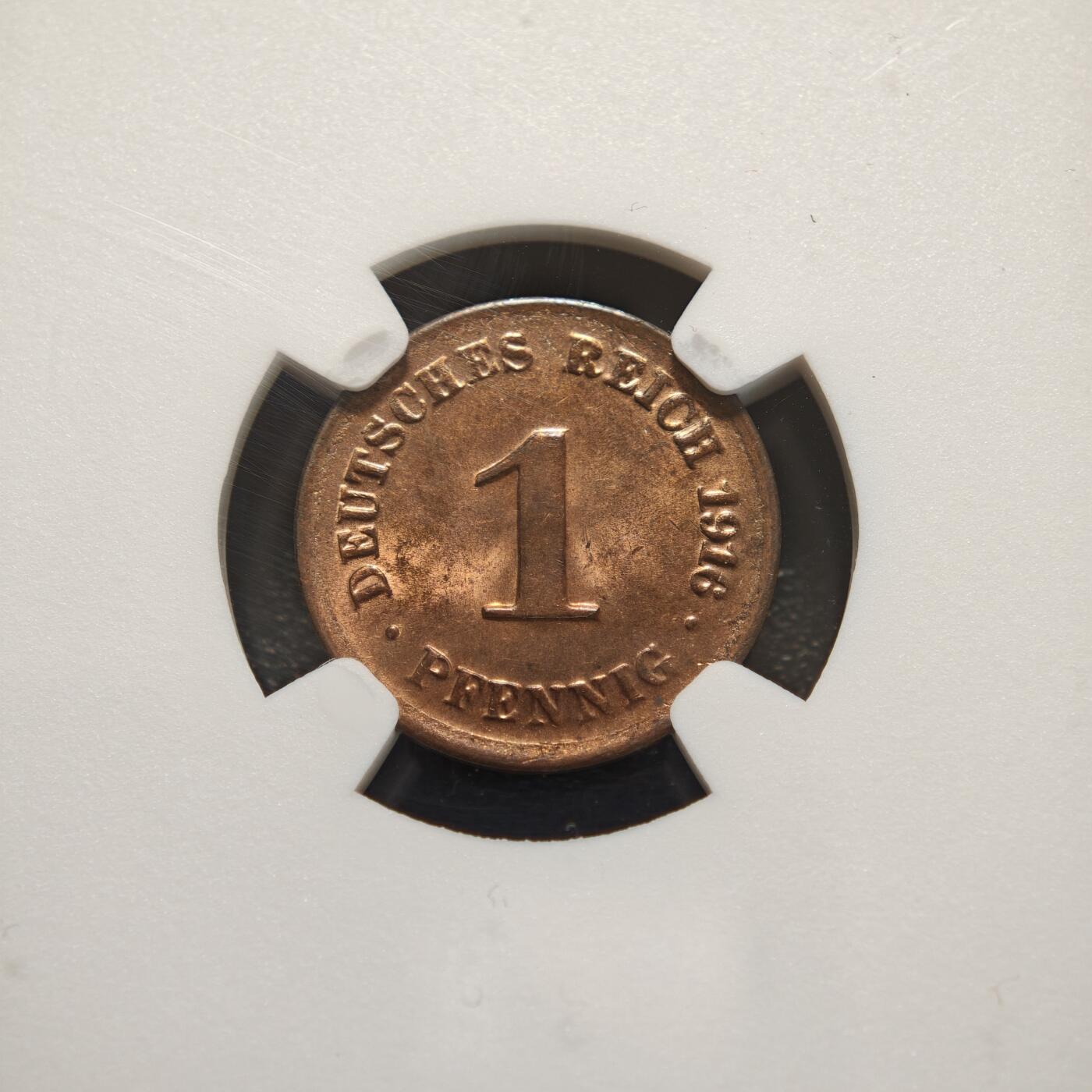 【德藏】世界币章拍卖第156期（拍品征集中~欢迎藏友联系） 1916年 德国1芬尼铜币 NGC MS64RB 季军分 转光极强