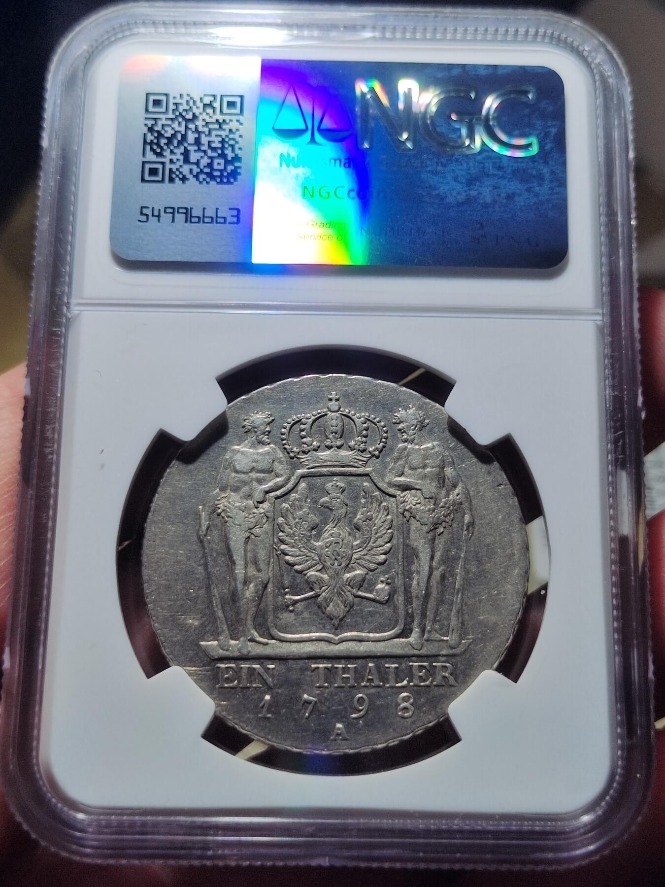 中外钱币第六场 NGC-AU1798年德国普鲁士威廉三世野人护盾流通1泰勒