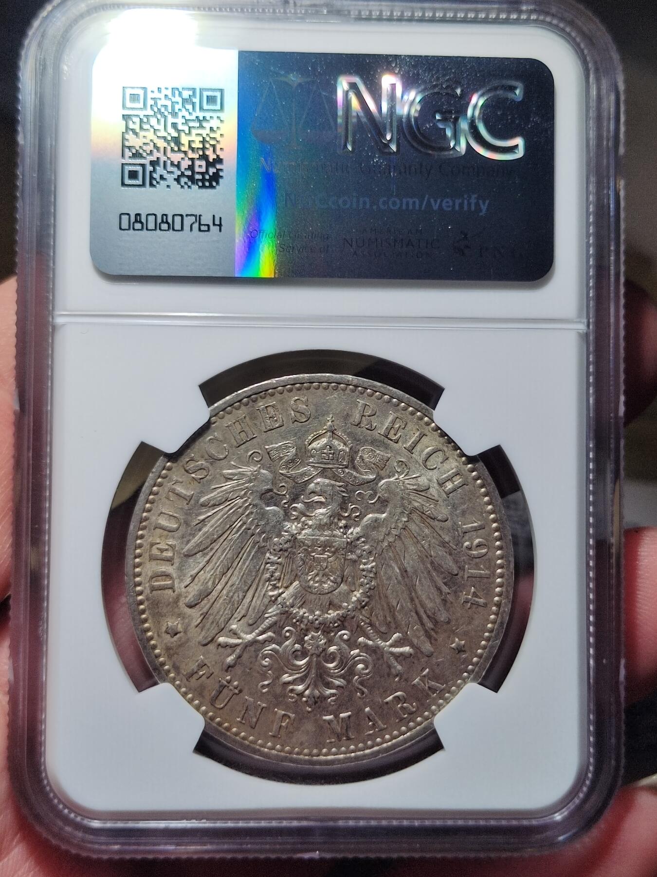 中外钱币第六场 NGC-AU50德国萨克森1914年5马克奥古斯特三世
