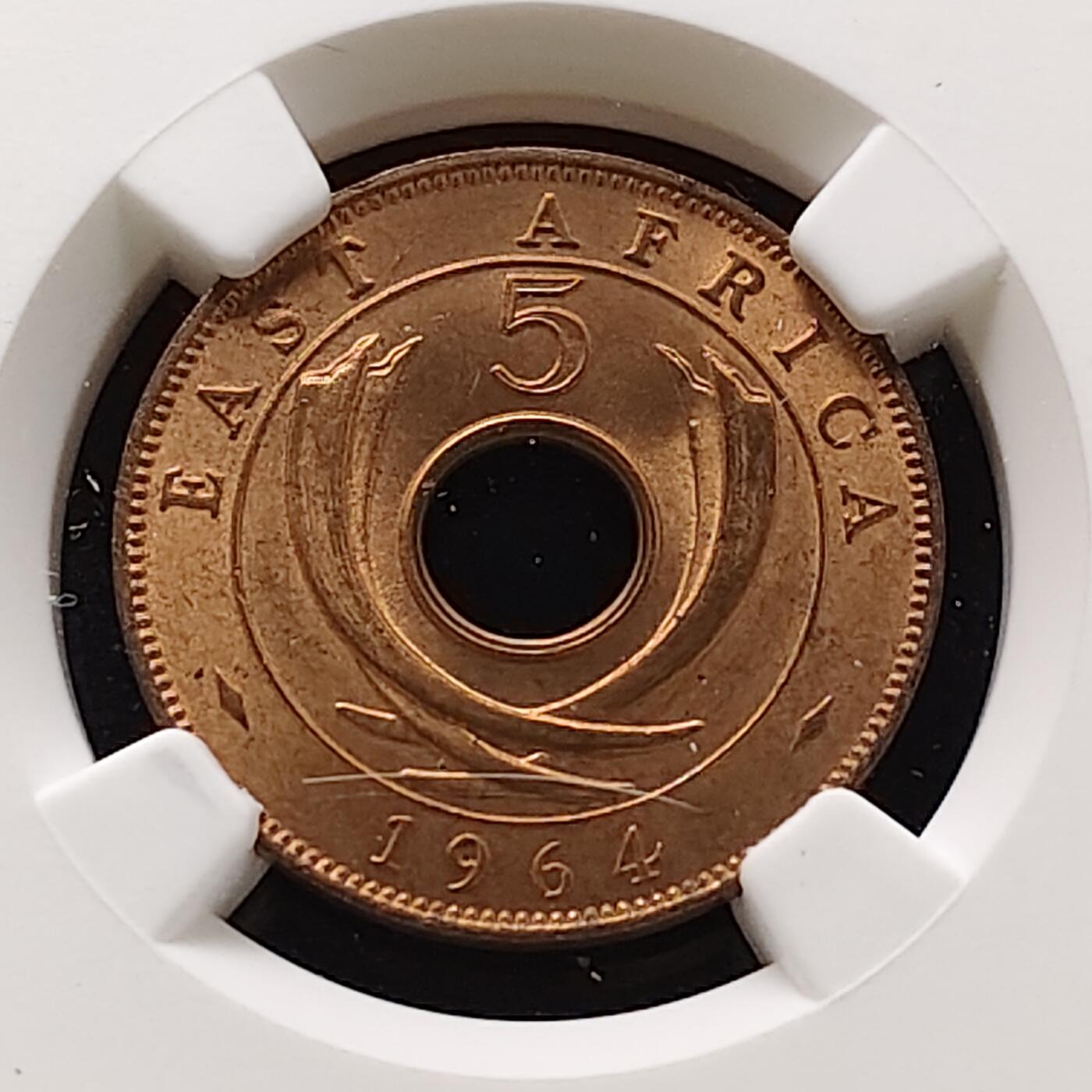 【全场包邮】纯粹捡漏拍483场（免费代拍第20场） 【收藏级·亚军分】东非1964年5分大铜币（东非各国独立前夕英属制式末版）-NGC MS64 RB