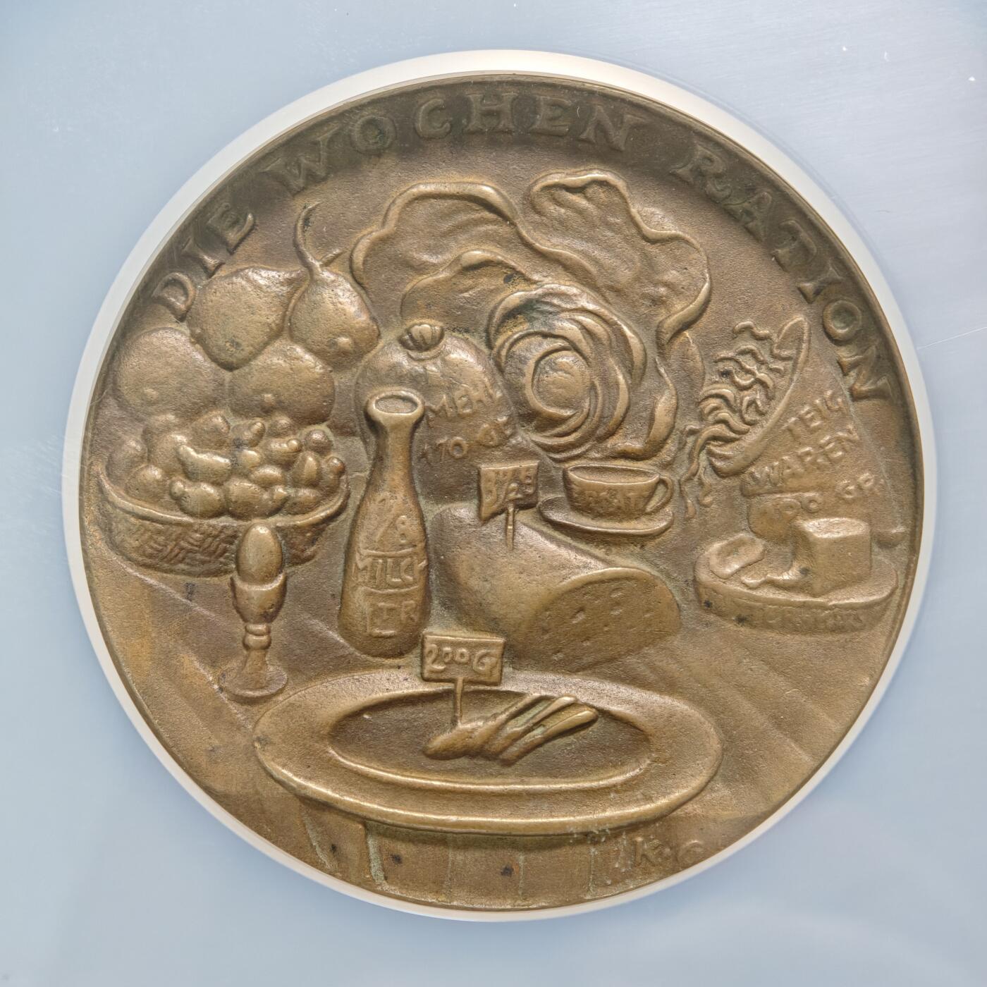 【德藏】世界币章拍卖第156期（拍品征集中~欢迎藏友联系） 冠军分！罕见品种！1919年 德国食物紧缺“每周口粮”58mm纪念大铜章 章牌大师卡尔歌茨作品 NGC MS63BN 立体感十足