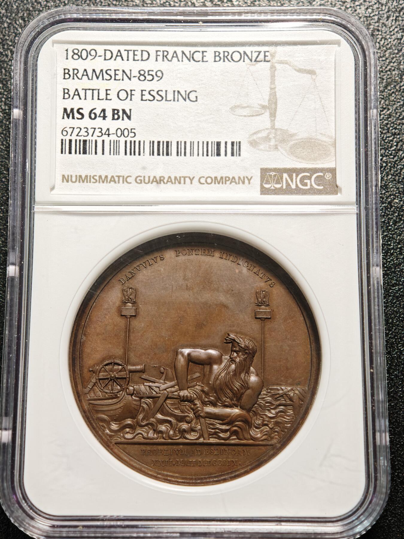【德藏】世界币章拍卖第156期（拍品征集中~欢迎藏友联系） 1809年 法国阿斯佩恩-艾斯林战役高浮雕纪念铜章 NGC MS64BN 亚军分 仅1枚更高 细节丰富 图案立体感极强 包浆温润