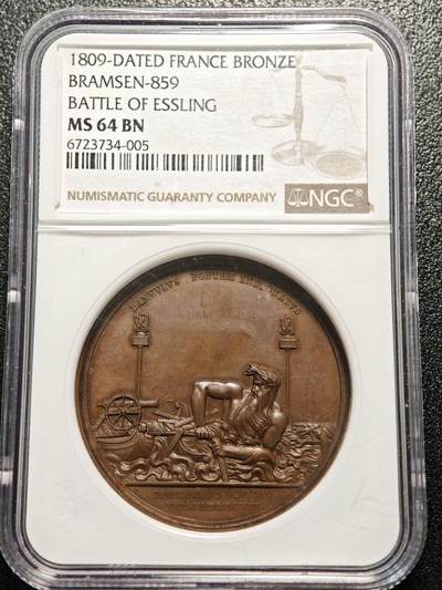 【德藏】世界币章拍卖第156期（拍品征集中~欢迎藏友联系） - 1809年 法国阿斯佩恩-艾斯林战役高浮雕纪念铜章 NGC MS64BN 亚军分 仅1枚更高 细节丰富 图案立体感极强 包浆温润