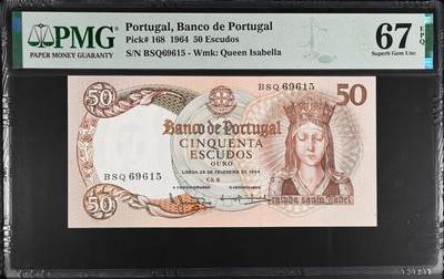 《艾美收藏》第223期-12.7周日外币畅拍 - 葡萄牙1964年50埃斯库多PMG67E高分无347 伊莎贝尔女王 葡萄牙经典品种