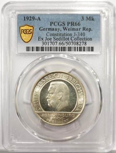 博洋堂世界钱币拍卖第150期（全场包邮） - PCGS PR66 1929年德国宪法3马克，名家旧藏，国内此品种首见精制，超级高分。这个品种的精制币相当罕见，魏玛精制币最近在市场上涨幅非常大，这种罕见品种精制超级高分还是国内现货值得广大藏家重点关注。
