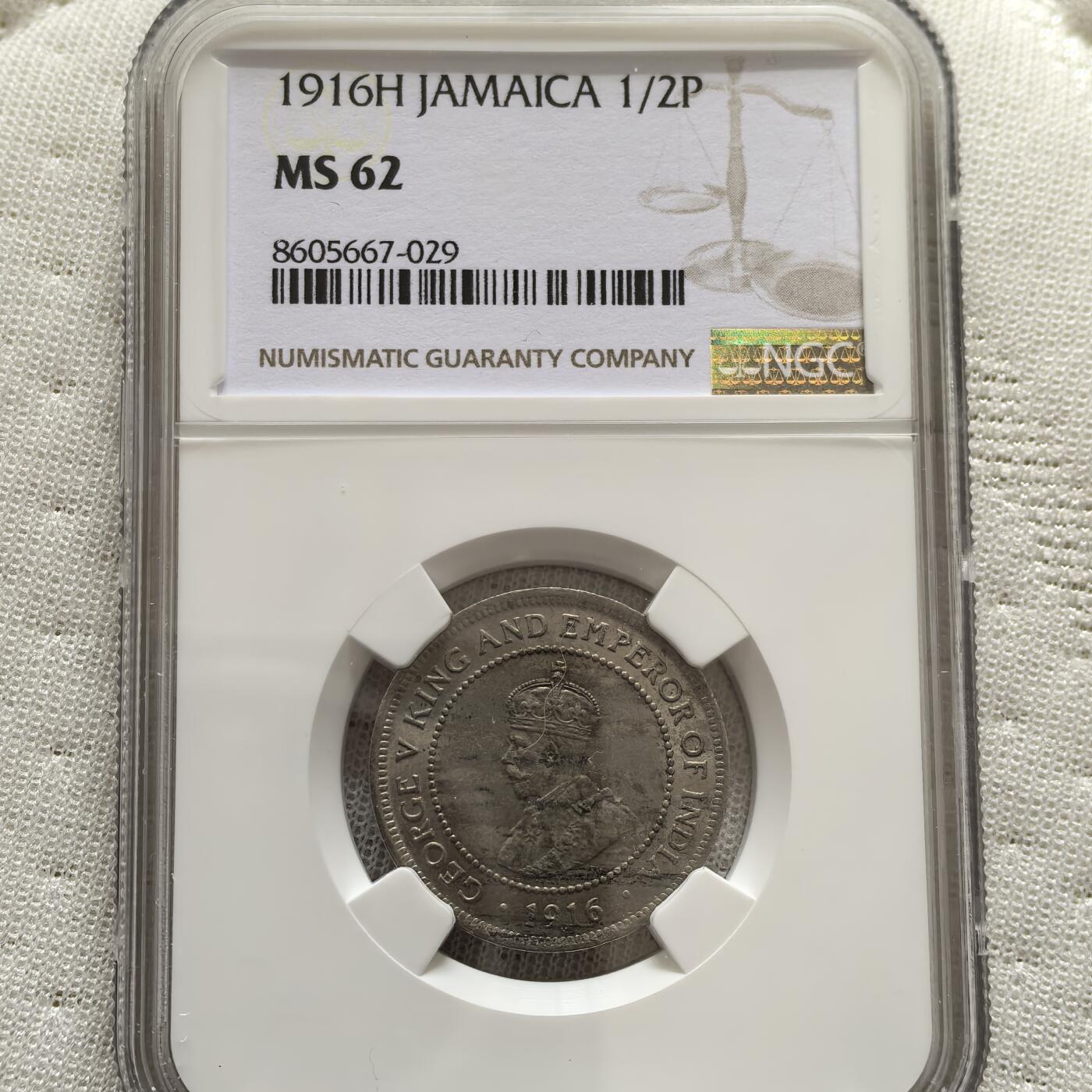 道一币馆币章第一百五十八场 NGC MS62 英属牙买加1916年乔治五世1/2便士铜镍币