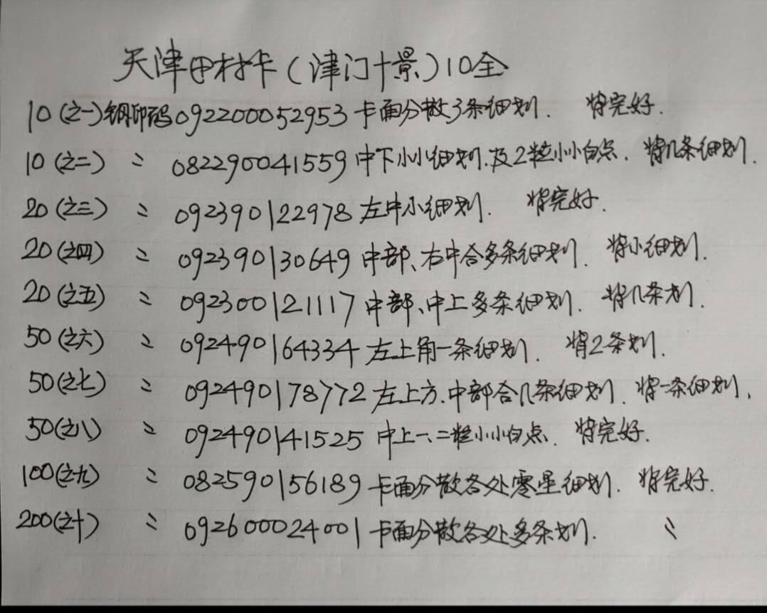 公藏第59期裸卡拍卖 天津田村新卡【津门十景】10全品相钢印码见描述。