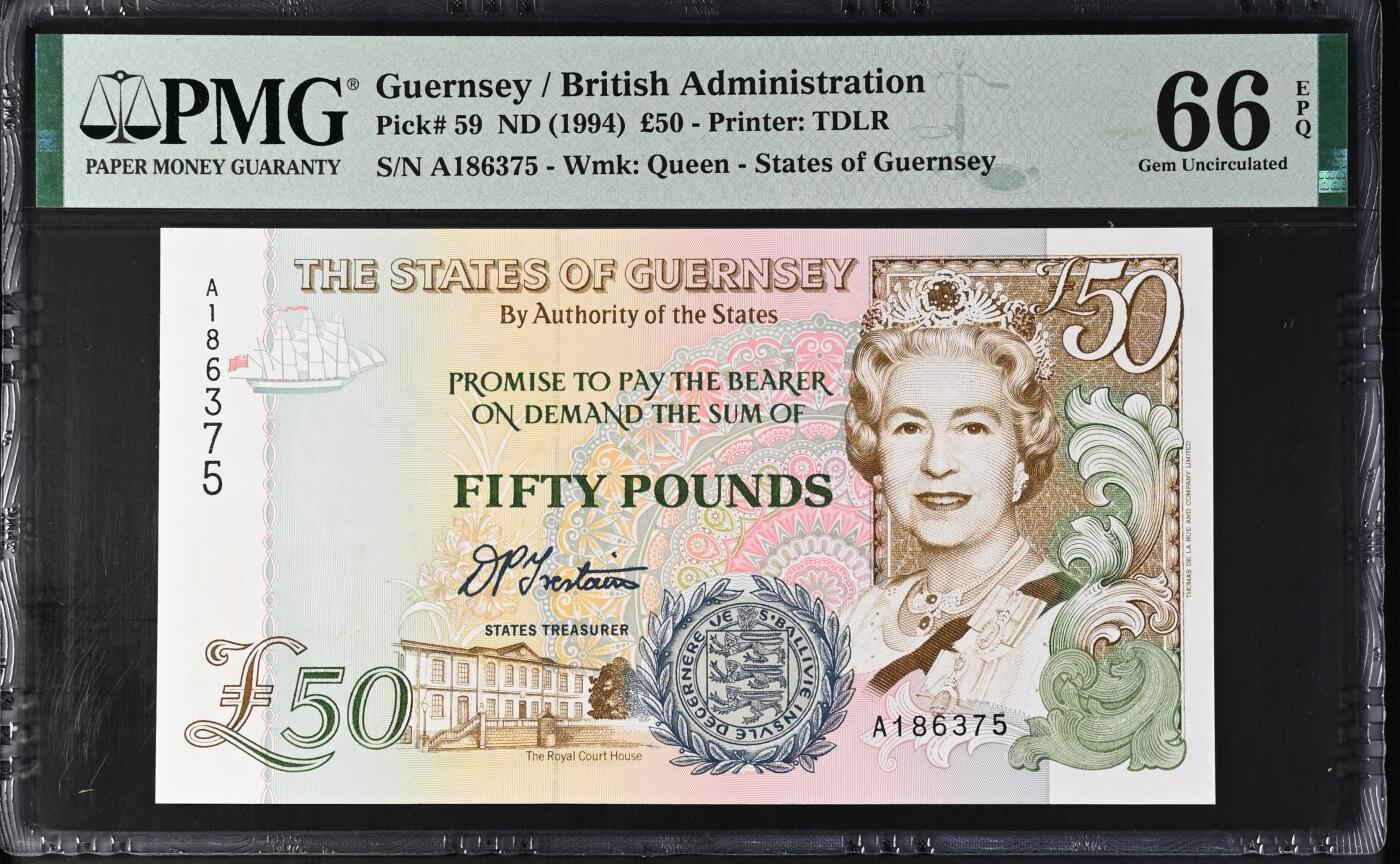 《艾美收藏》第223期-12.7周日外币畅拍 根西1994年A冠50镑最高值PMG66E无4 大票幅 女王钞 Pick#59