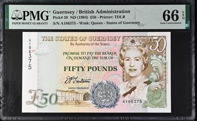 《艾美收藏》第223期-12.7周日外币畅拍 - 根西1994年A冠50镑最高值PMG66E无4 大票幅 女王钞 Pick#59