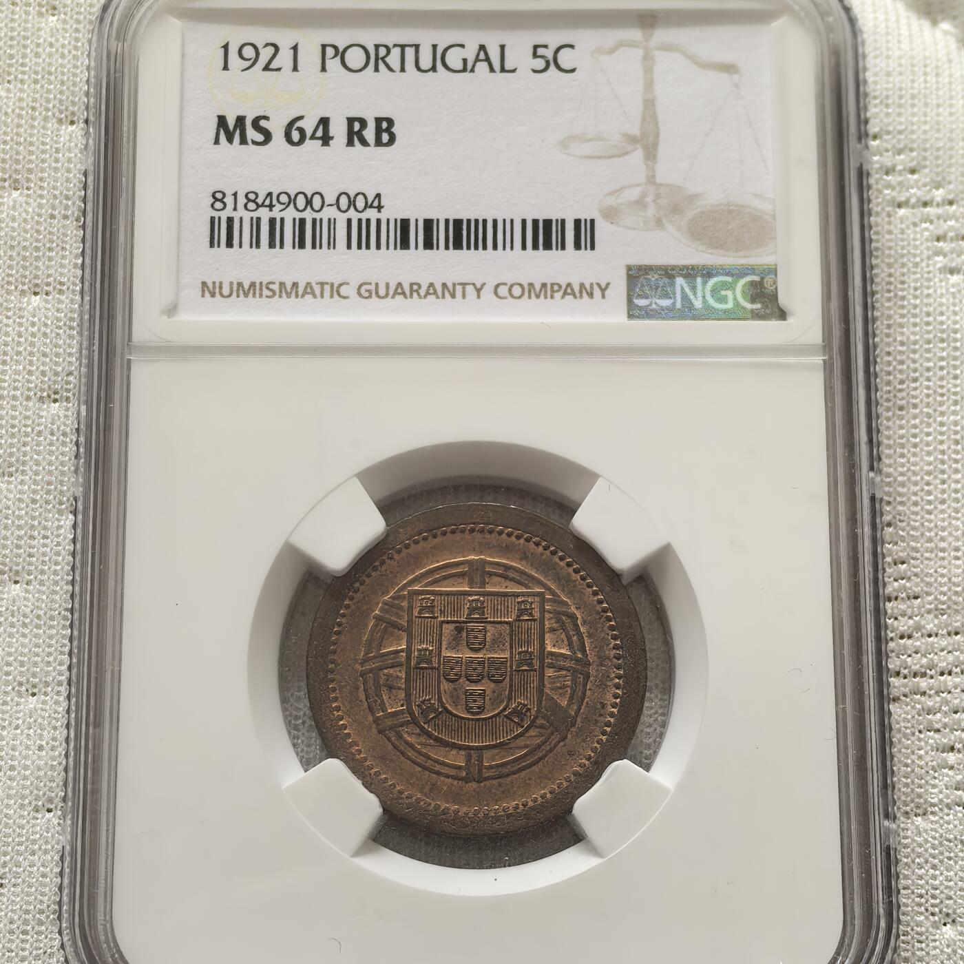 道一币馆币章第一百五十八场 NGC MS64 葡萄牙1921年5分铜币