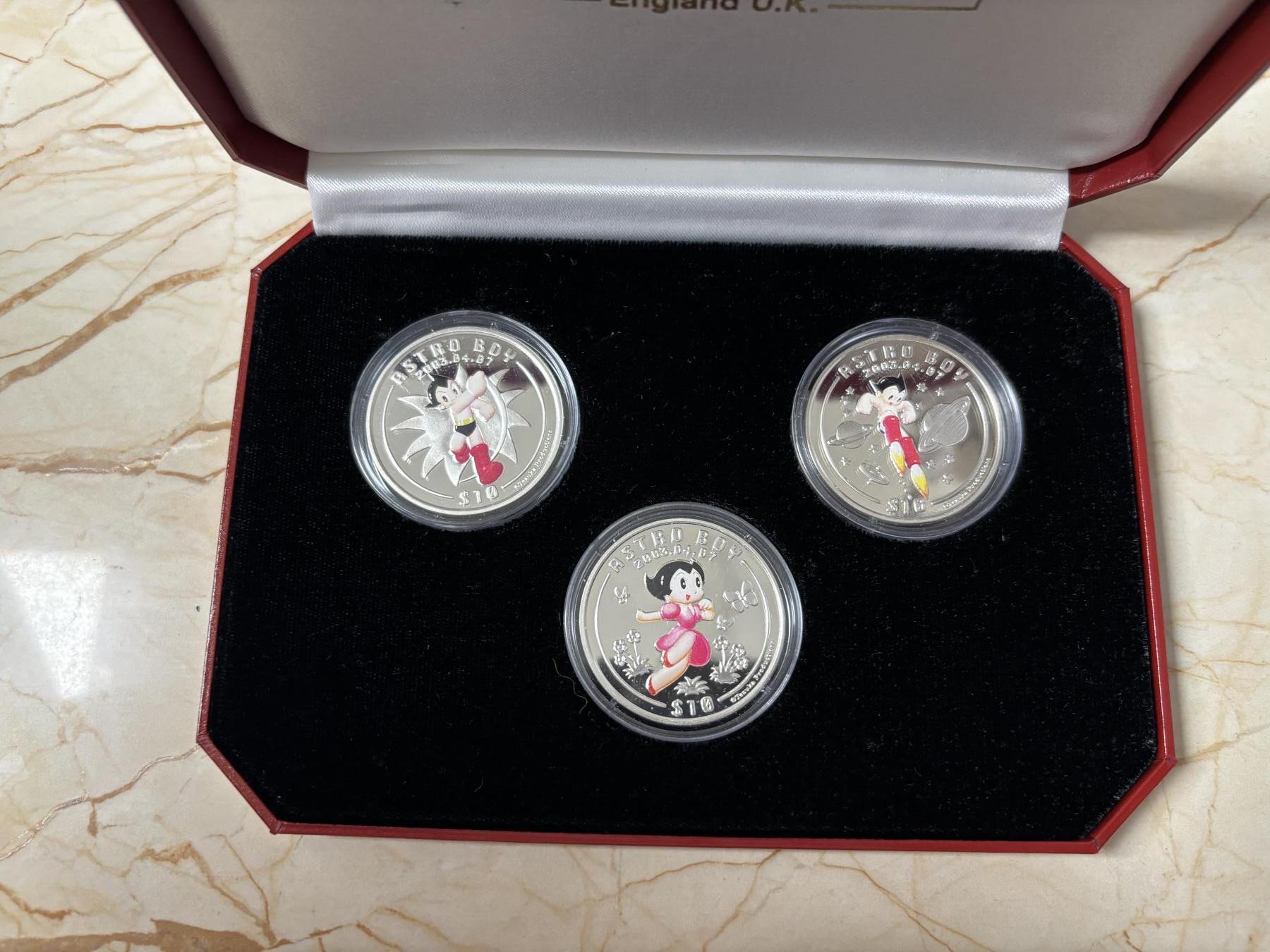 第185期拍卖 塞拉利昂2003年铁臂阿童木精制彩色全套3枚银币，925银，28克*3.，有少许氧化