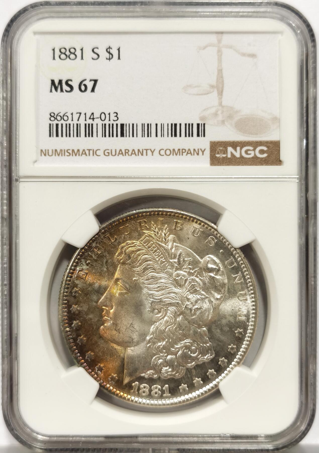 博洋堂藏家专场系列之美国钱币白金之夜专场②暨第152期（全场包邮）  NGC MS67 美国1881 S 摩根 人像面月牙形五彩包浆 高分难得