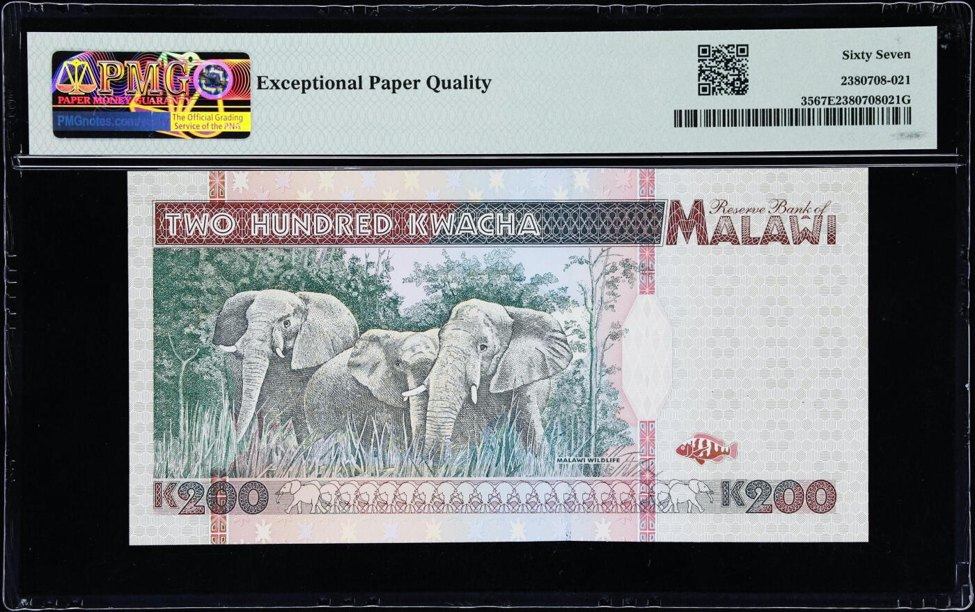 【Blue Auction】世界纸币精拍第759期——18级TOP拍卖/信誉/品质/专业/高效💫 马拉维 1995年200科瓦查 PMG67EPQ 背面象群