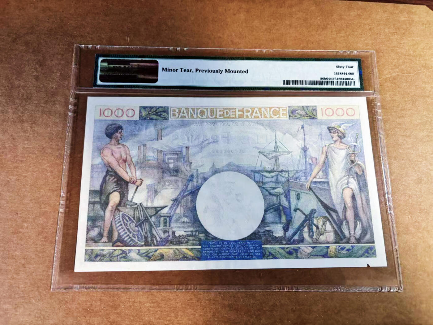 【Blue Auction】世界纸币精拍第759期——18级TOP拍卖/信誉/品质/专业/高效💫 【无47】法国 1944年1000法郎 大票幅 墨丘利 PMG64NET